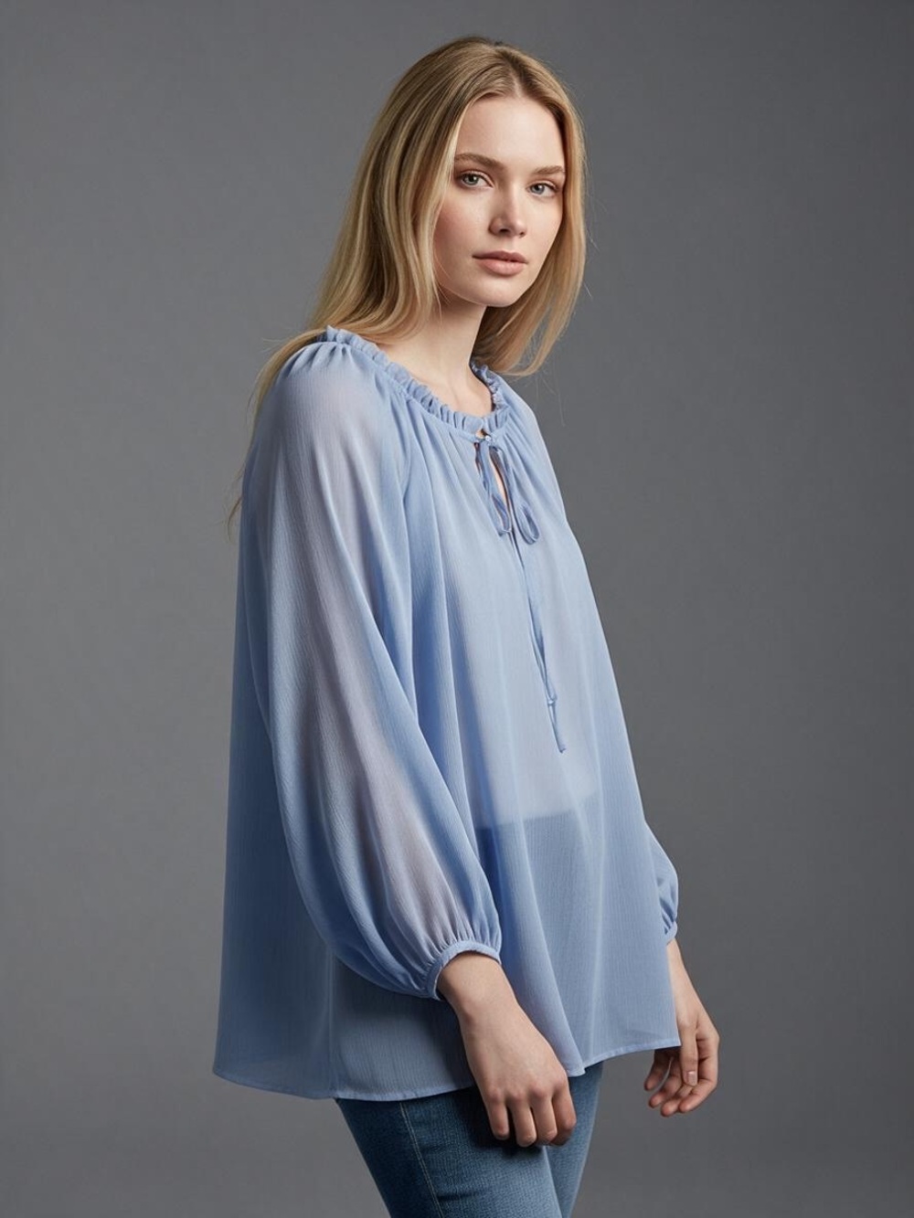 ❤️ Talbots Periwinkle Blue Chiffon Ruffle Neck Flowy Blouse